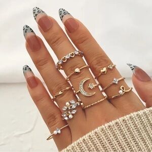 Trendy 10-Piece Golden Alloy Ring Set with Crystal Mosaic